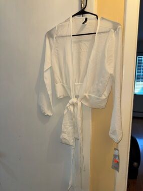 White Tie-Front Lounge Wrap Robe